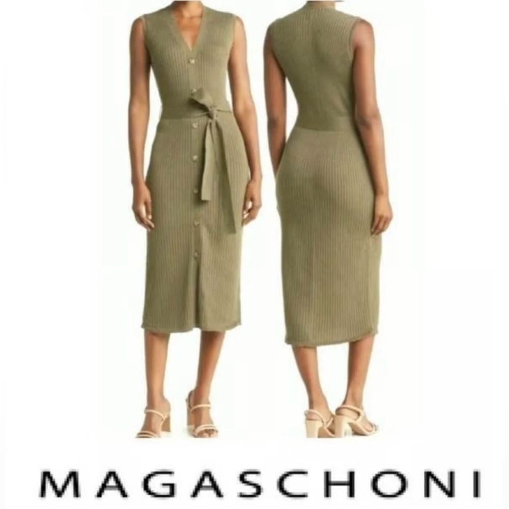 Magaschoni Green Sheath V-Neck Midi Dress